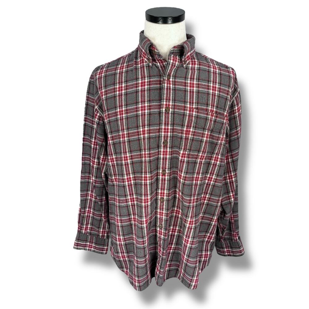 Vintage J Crew Oarsman Flannel Shirt Men's Large‎ Red Gray Plaid Button-Down 90s